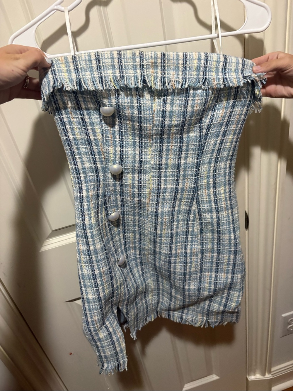 Hello Molly Blue Plaid Strapless Mini Dress